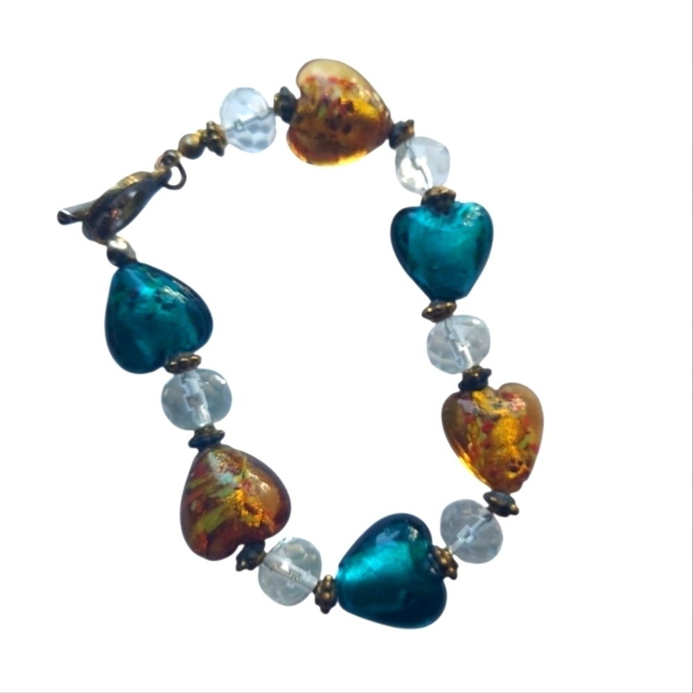 Teal Amber Colored Beaded Art Glass Hearts Bracelet